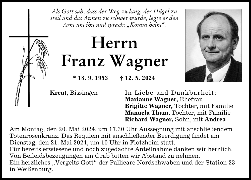 Traueranzeige von Franz Wagner von Donauwörther Zeitung