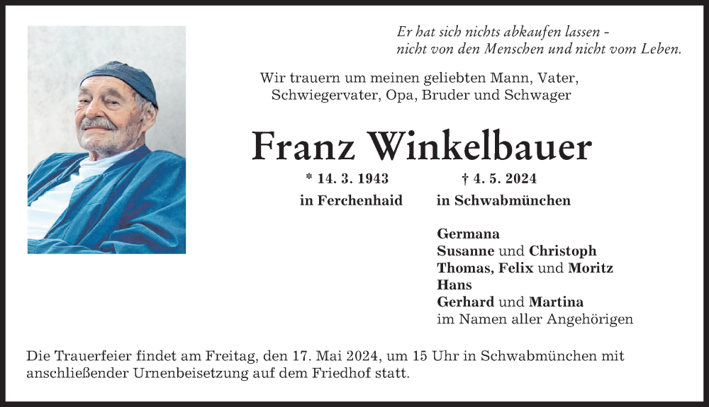 Traueranzeige von Franz Winkelbauer von Schwabmünchner Allgemeine