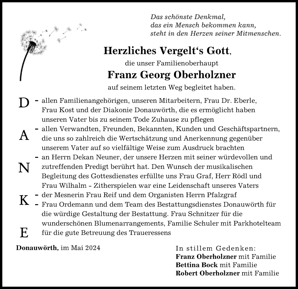 Traueranzeige von Franz Georg Oberholzner von Donauwörther Zeitung