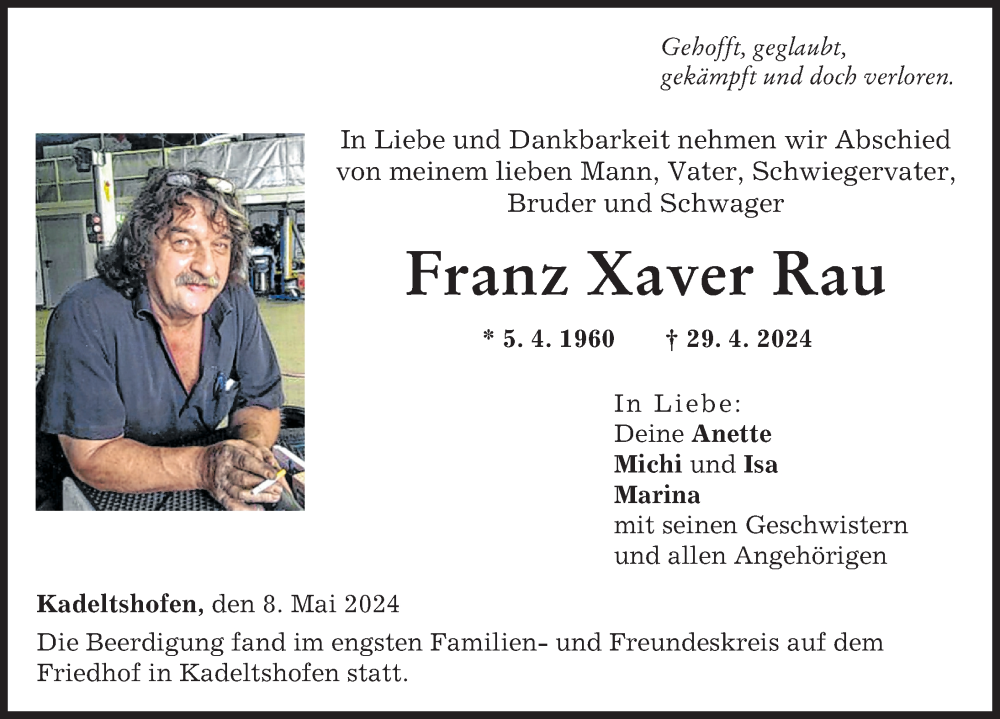  Traueranzeige für Franz Xaver Rau vom 08.05.2024 aus Neu-Ulmer Zeitung