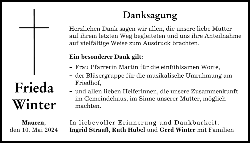 Traueranzeige von Frieda Winter von Rieser Nachrichten, Donauwörther Zeitung