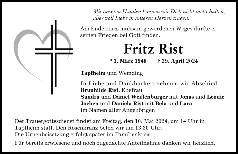Traueranzeige von Fritz Rist von Donauwörther Zeitung
