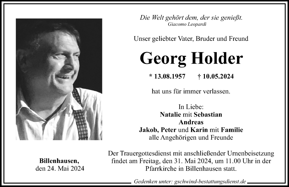  Traueranzeige für Georg Holder vom 24.05.2024 aus Mittelschwäbische Nachrichten, Günzburger Zeitung