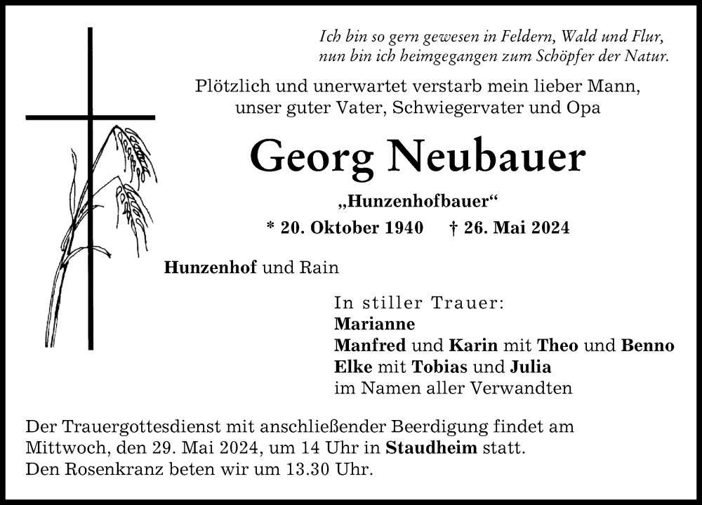 Traueranzeige von Georg Neubauer von Neuburger Rundschau, Donauwörther Zeitung