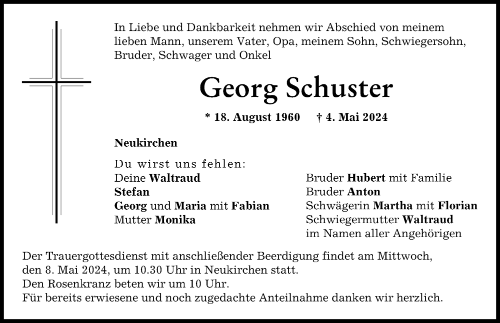 Traueranzeige von Georg Schuster von Augsburg-Land