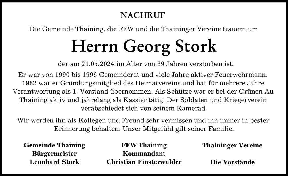 Traueranzeige von Georg Stork von Landsberger Tagblatt