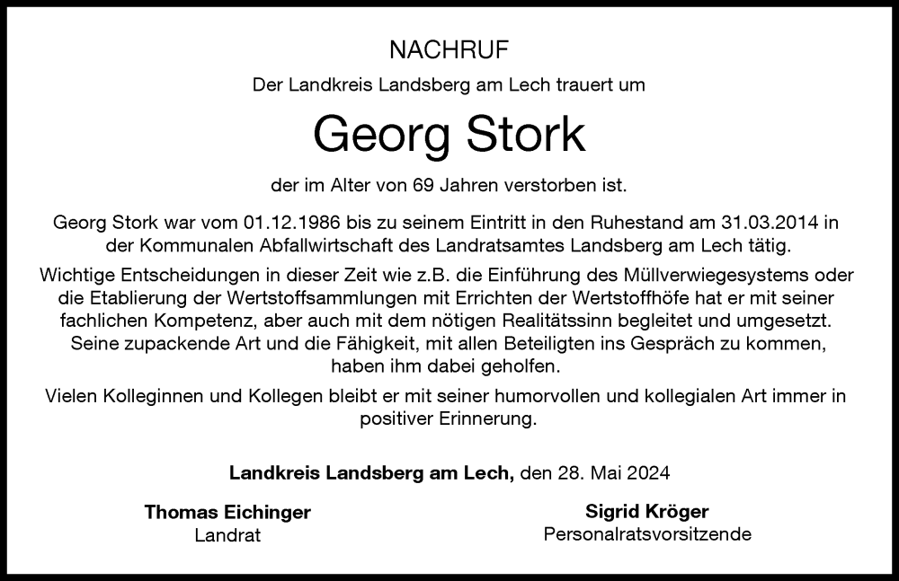 Traueranzeige von Georg Stork von Landsberger Tagblatt