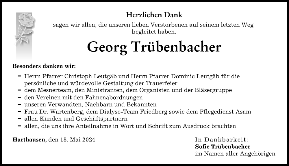 Traueranzeige von Georg Trübenbacher von Friedberger Allgemeine