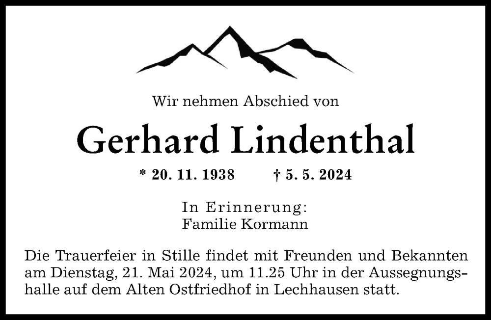 Traueranzeige von Gerhard Lindenthal von Augsburger Allgemeine