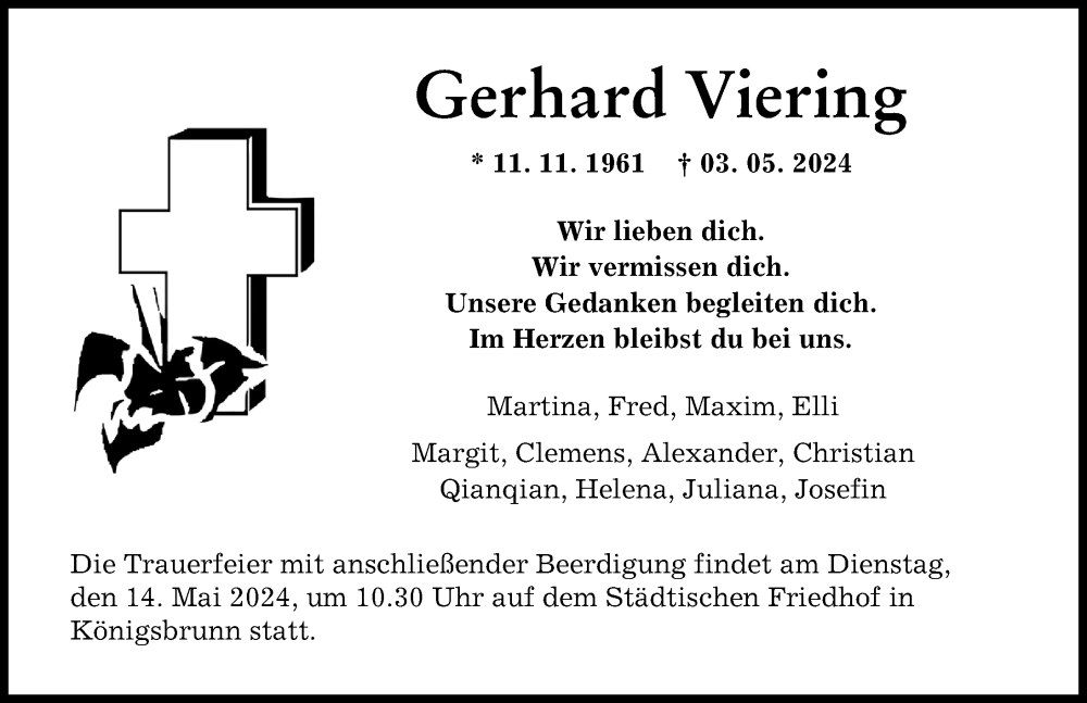 Traueranzeige von Gerhard Viering von Augsburger Allgemeine