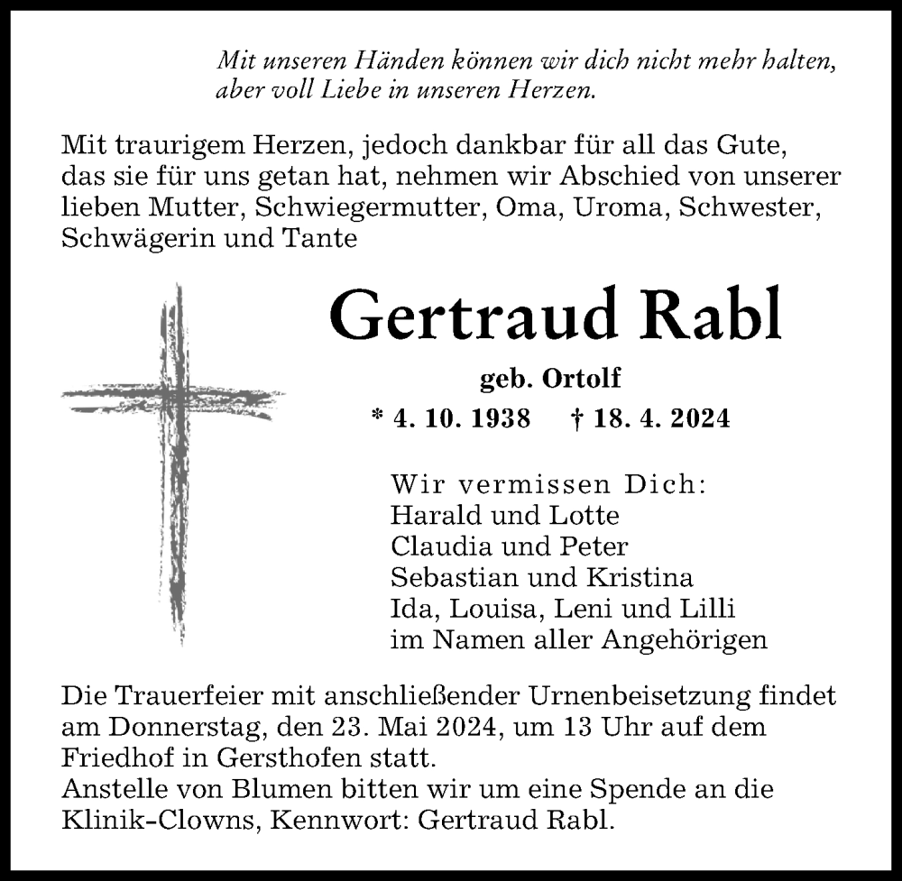 Traueranzeige von Gertraud Rabl von Augsburger Allgemeine