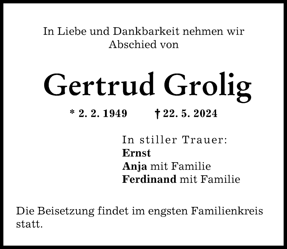 Traueranzeige von Gertrud Grolig von Friedberger Allgemeine