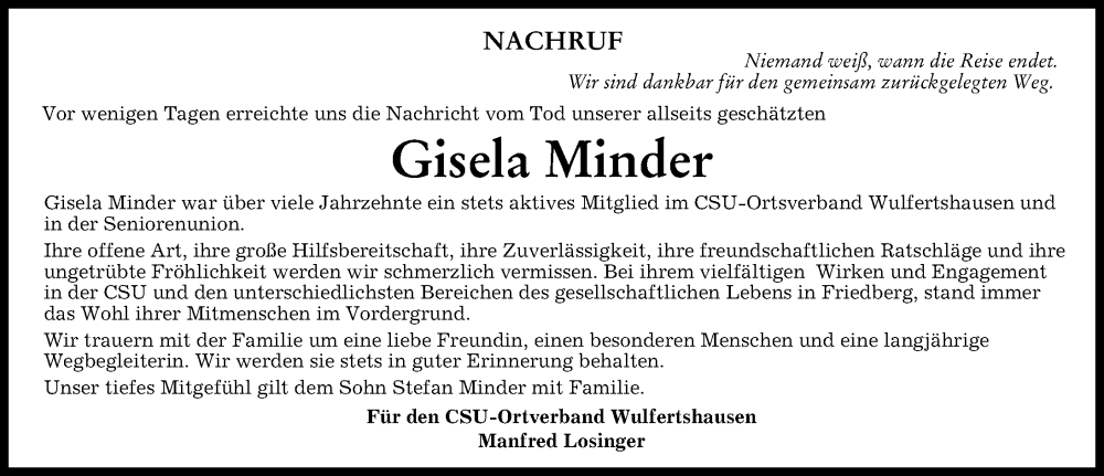 Traueranzeige von Gisela Minder von Friedberger Allgemeine
