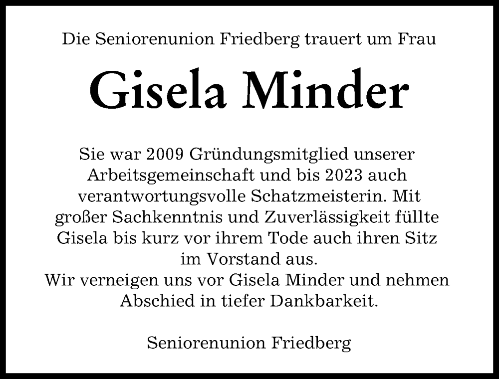 Traueranzeige von Gisela Minder von Friedberger Allgemeine