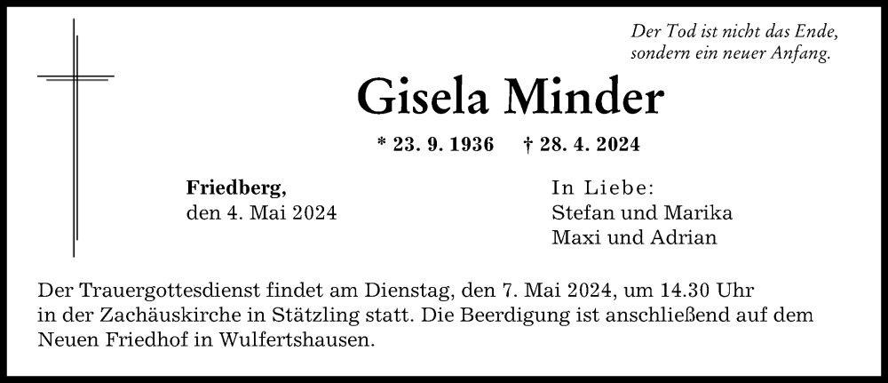 Traueranzeige von Gisela Minder von Friedberger Allgemeine, Augsburger Allgemeine