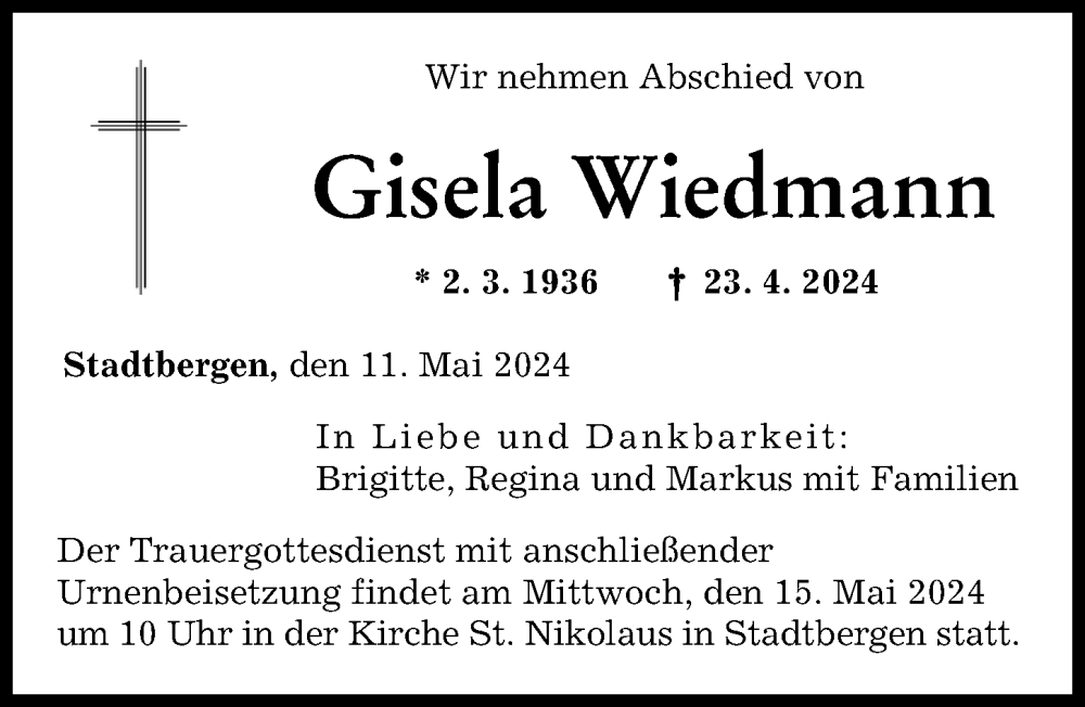 Traueranzeige von Gisela Wiedmann von Augsburger Allgemeine