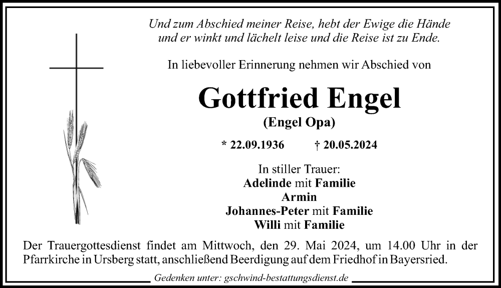 Traueranzeige von Gottfried Engel von Mittelschwäbische Nachrichten