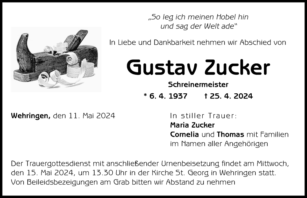 Traueranzeige von Gustav Zucker von Schwabmünchner Allgemeine