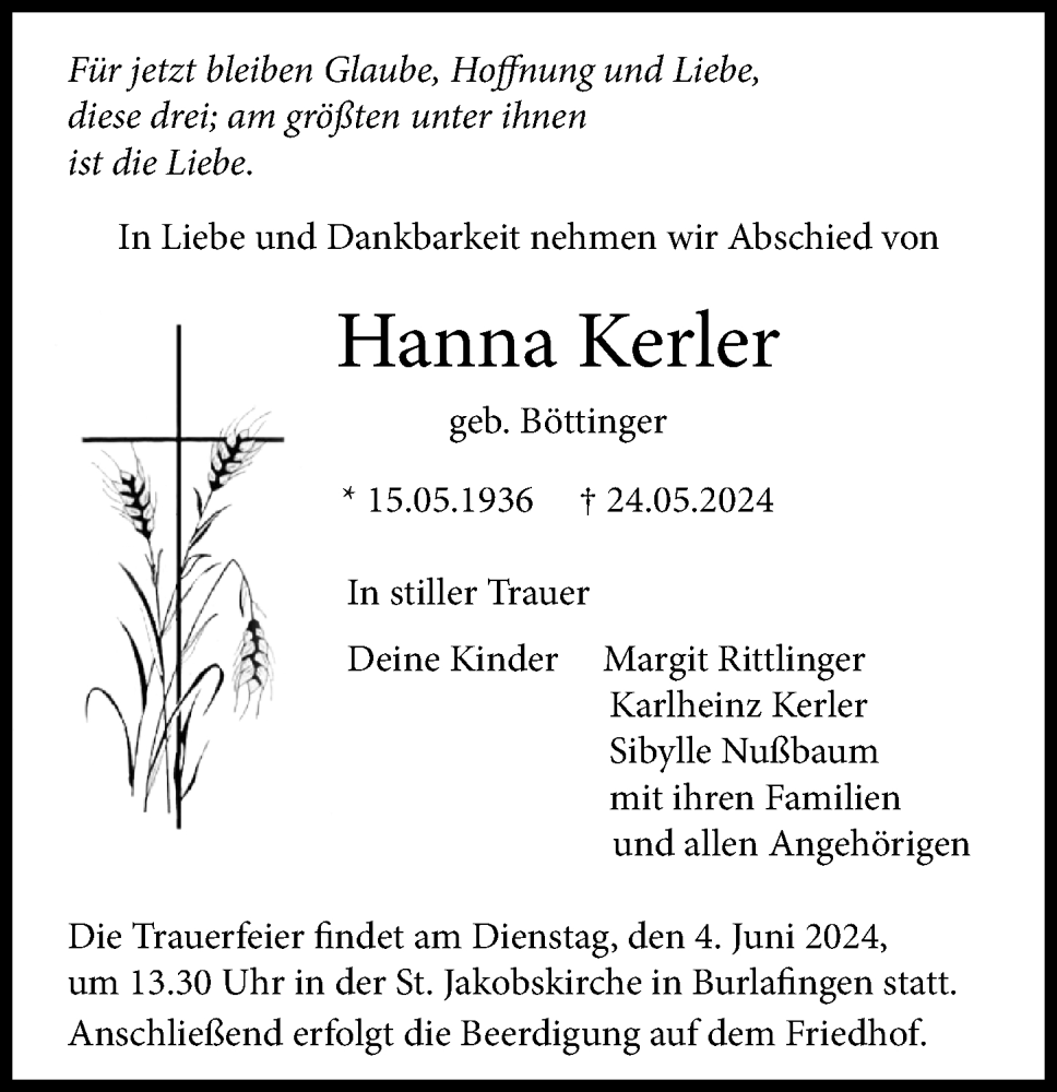 Traueranzeige von Hanna Kerler von Augsburger Allgemeine, Neu-Ulmer Zeitung