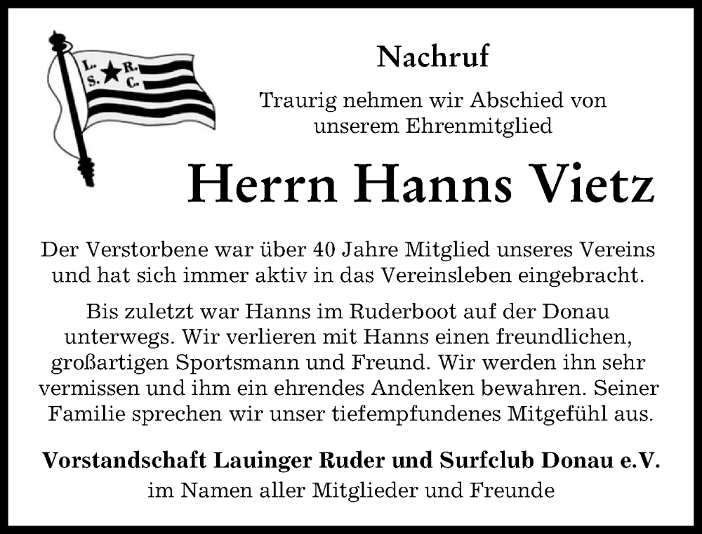 Traueranzeige von Hanns Vietz von Wertinger Zeitung, Donau Zeitung