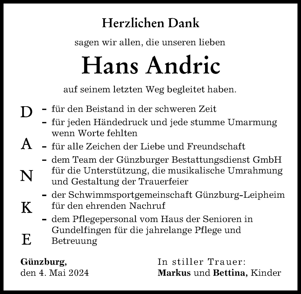 Traueranzeige von Hans Andric von Günzburger Zeitung