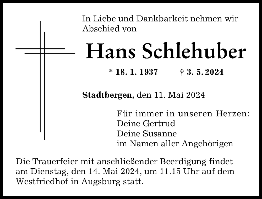 Traueranzeige von Hans Schlehuber von Augsburger Allgemeine