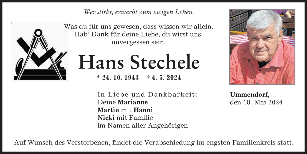  Traueranzeige für Hans Stechele vom 18.05.2024 aus Landsberger Tagblatt