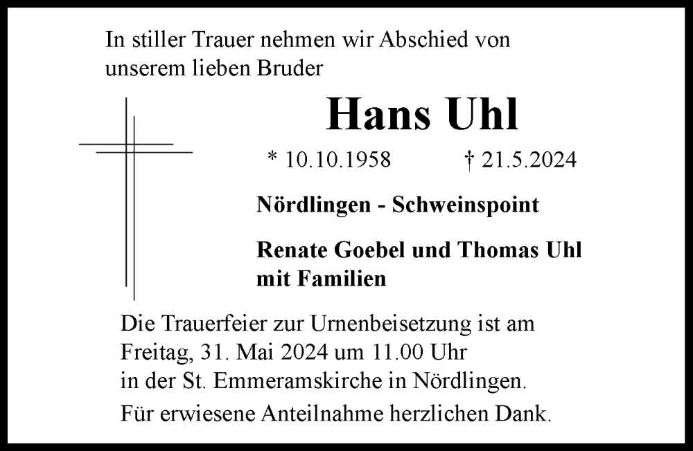 Traueranzeige von Hans Uhl von Rieser Nachrichten