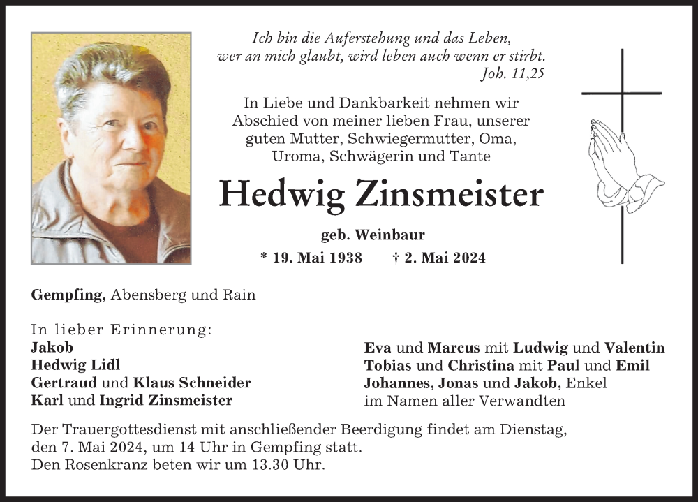 Traueranzeige von Hedwig Zinsmeister von Donauwörther Zeitung, Neuburger Rundschau