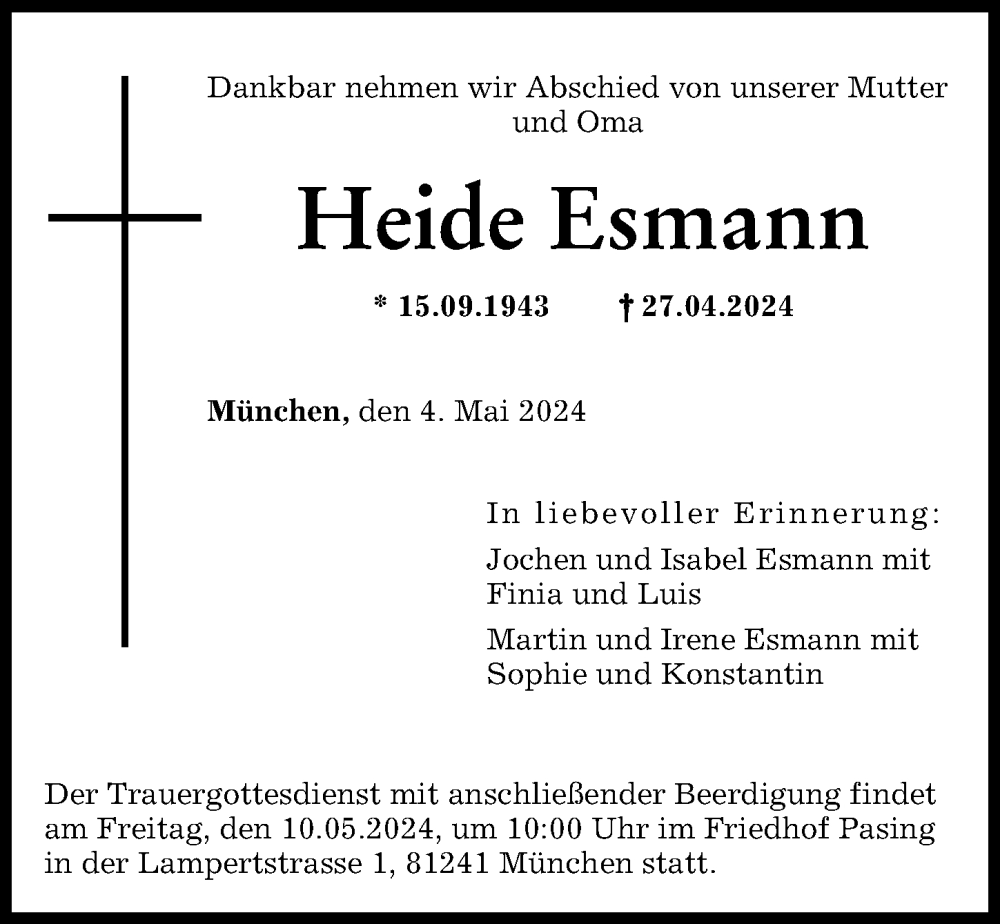 Traueranzeige von Heide Esmann von Augsburger Allgemeine