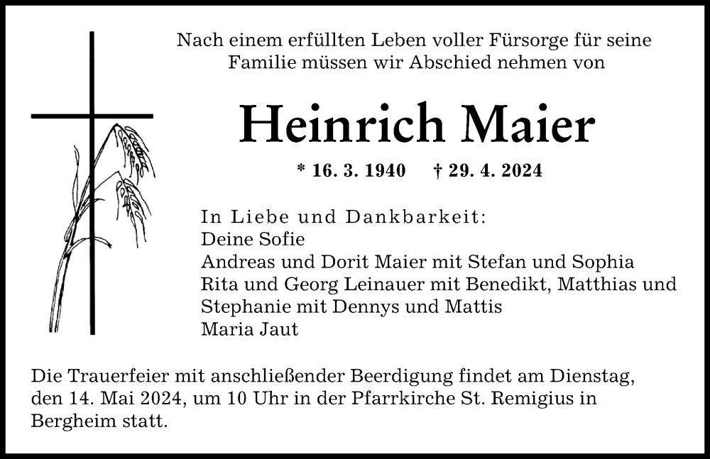 Traueranzeige von Heinrich Maier von Augsburger Allgemeine