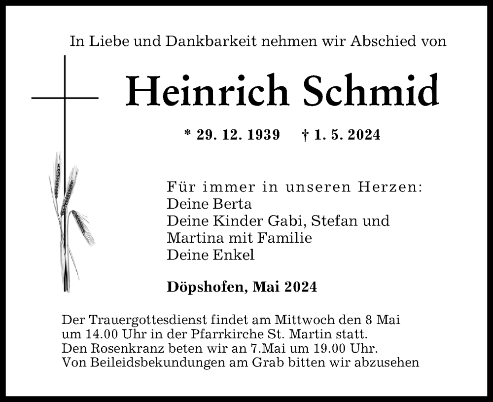 Traueranzeige von Heinrich Schmid von Schwabmünchner Allgemeine, Augsburg-Land