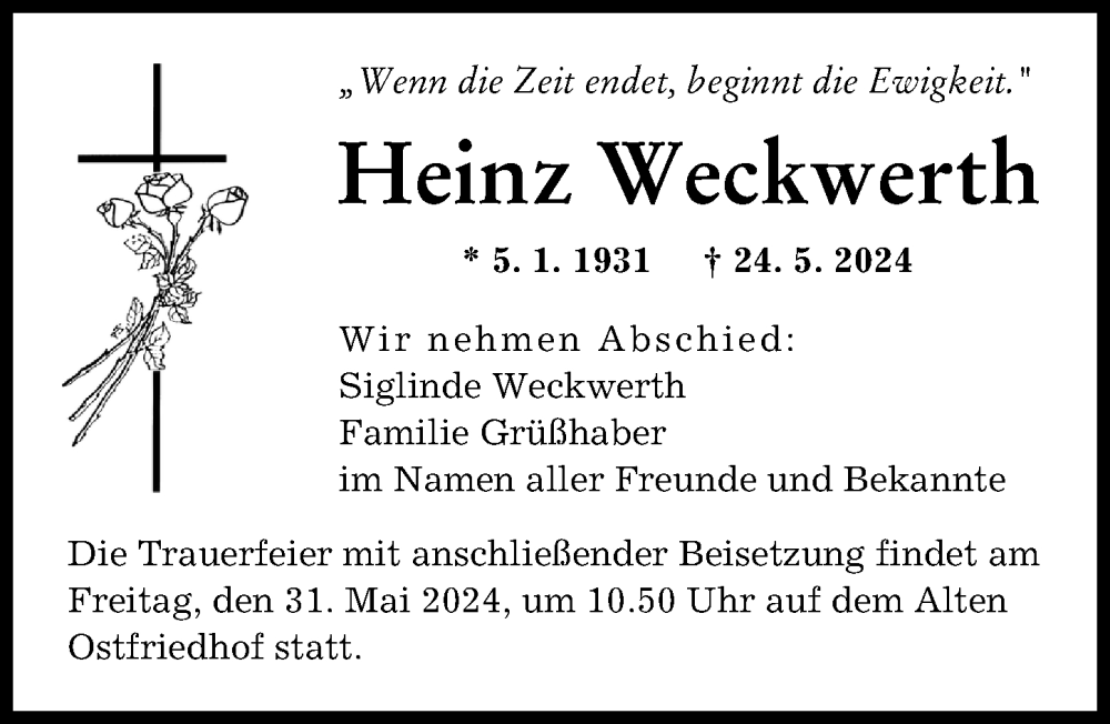 Traueranzeige von Heinz Weckwerth von Augsburger Allgemeine