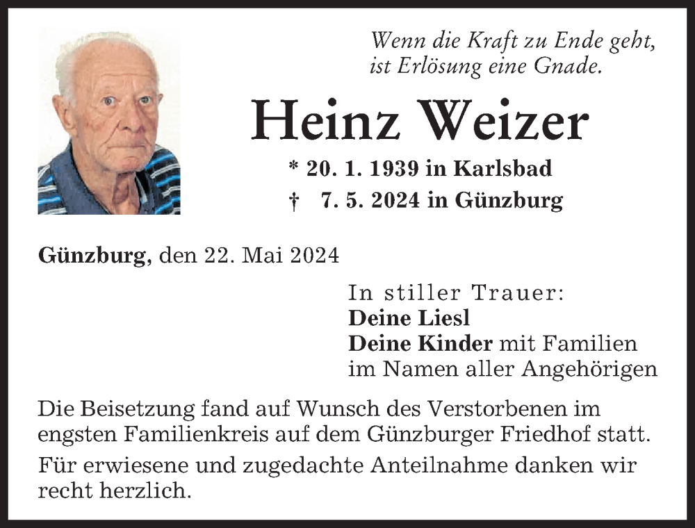 Traueranzeige von Heinz Weizer von Günzburger Zeitung