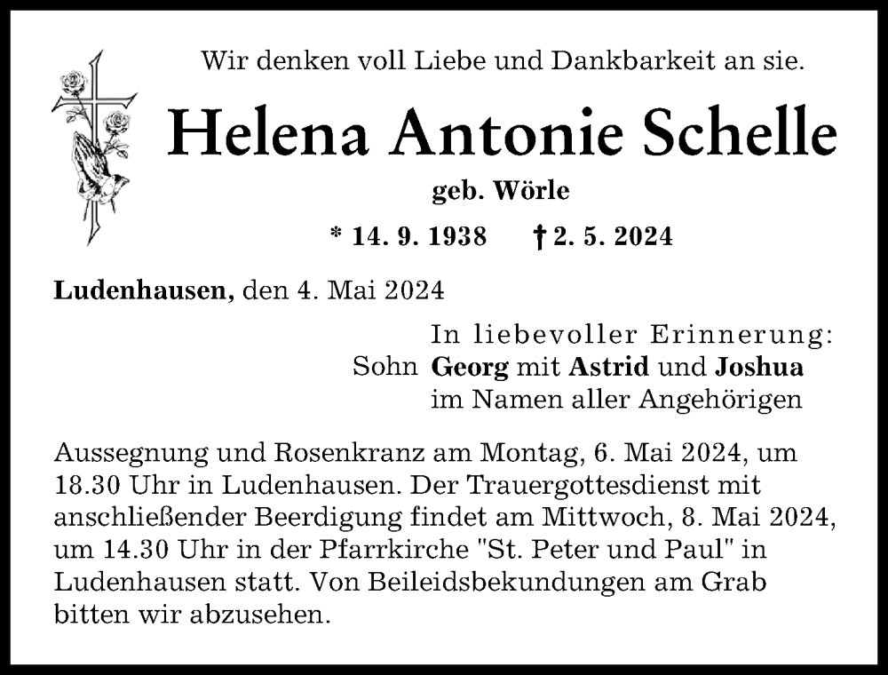 Traueranzeige von Helena Antonie Schelle von Landsberger Tagblatt
