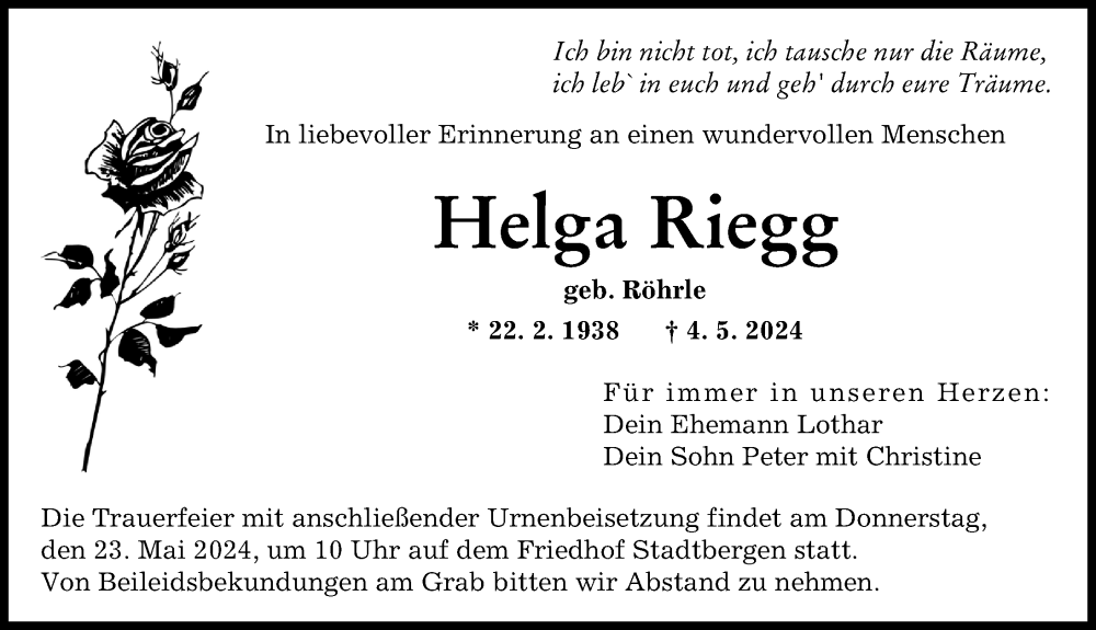 Traueranzeige von Helga Riegg von Augsburger Allgemeine