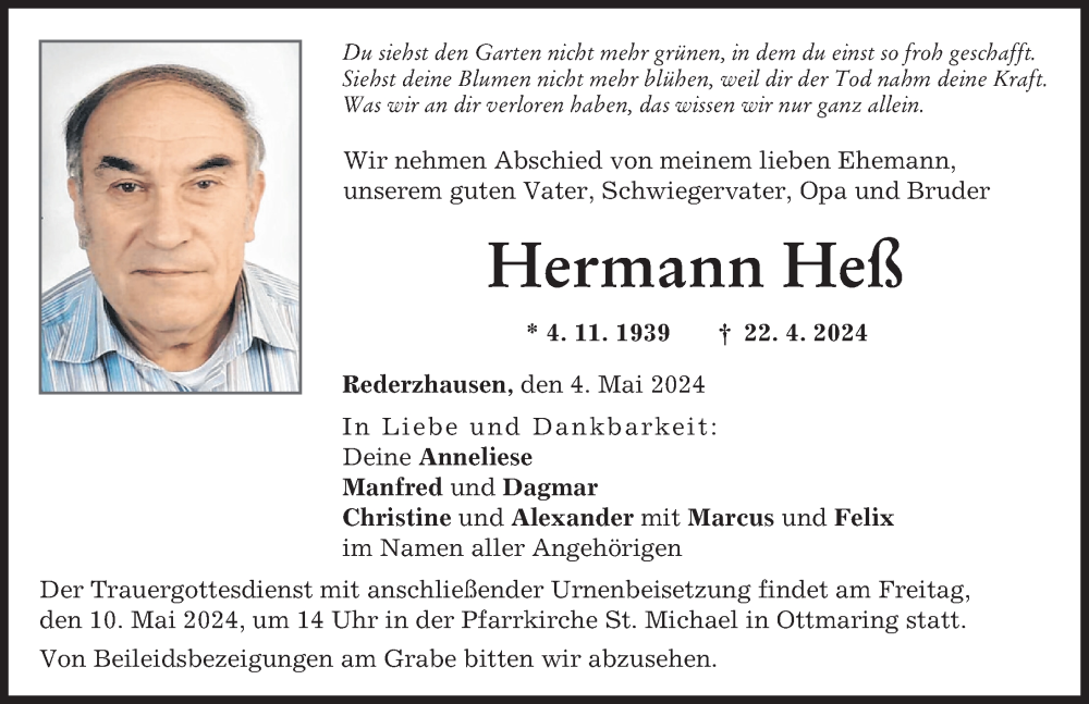 Traueranzeige von Hermann Heß von Friedberger Allgemeine