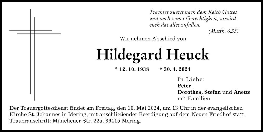 Traueranzeige von Hildegard Heuck von Donau Zeitung