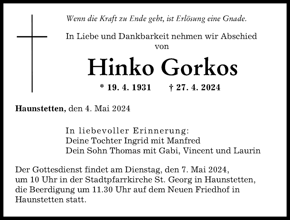 Traueranzeige von Hinko Gorkos von Augsburger Allgemeine