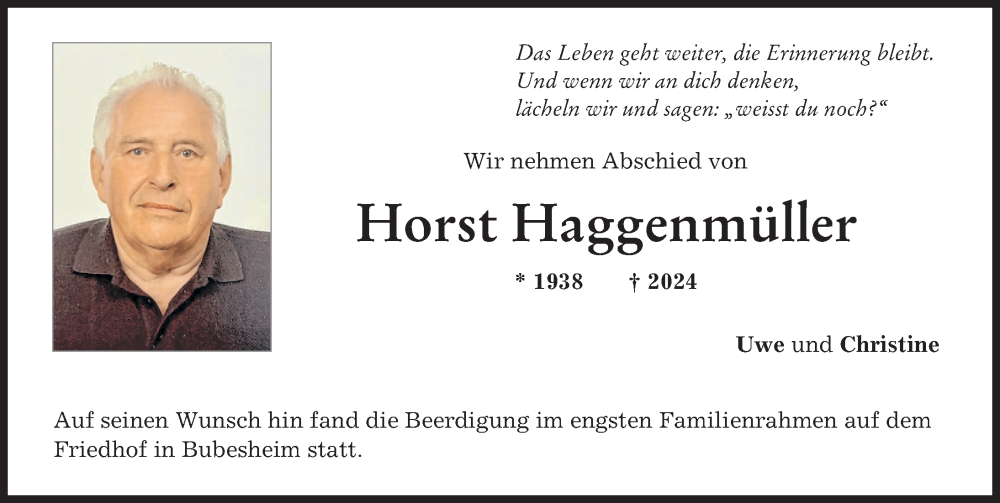 Traueranzeige von Horst Haggenmüller von Günzburger Zeitung