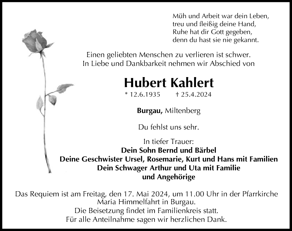 Traueranzeige von Hubert Kahlert von Günzburger Zeitung