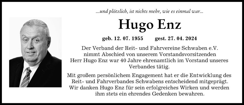 Traueranzeige von Hugo Enz von Augsburger Allgemeine