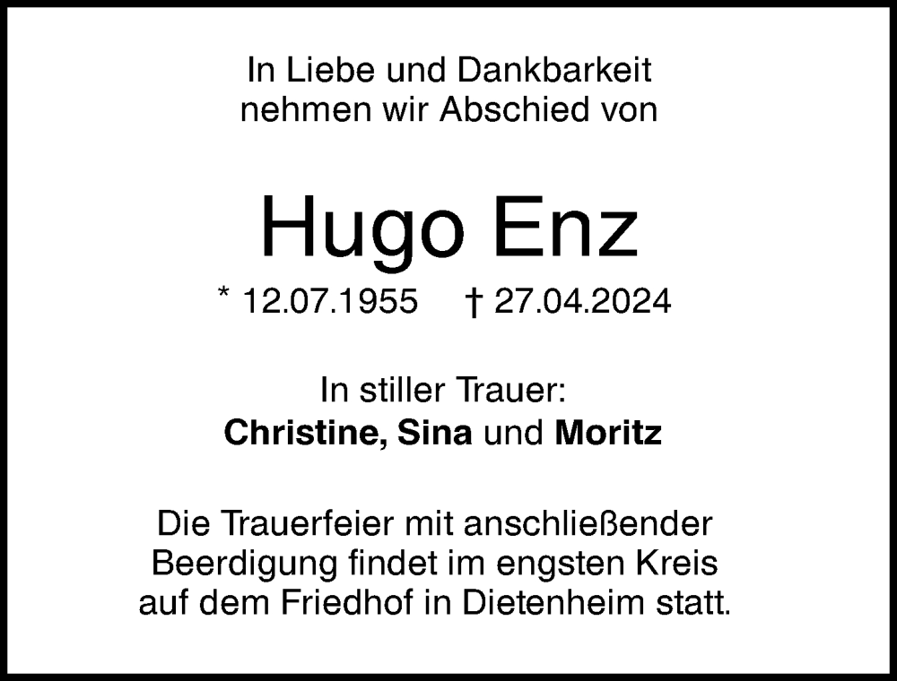 Traueranzeige von Hugo Enz von Augsburger Allgemeine, Neu-Ulmer Zeitung