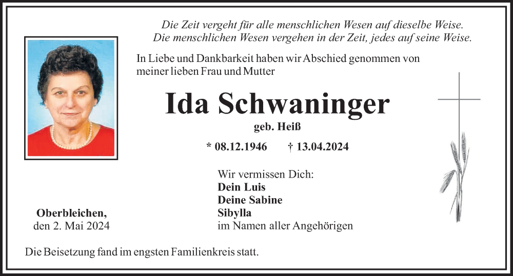 Traueranzeige von Ida Schwaninger von Mittelschwäbische Nachrichten