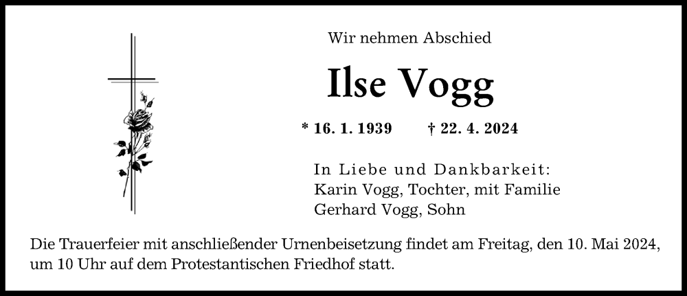 Traueranzeige von Ilse Vogg von Augsburger Allgemeine