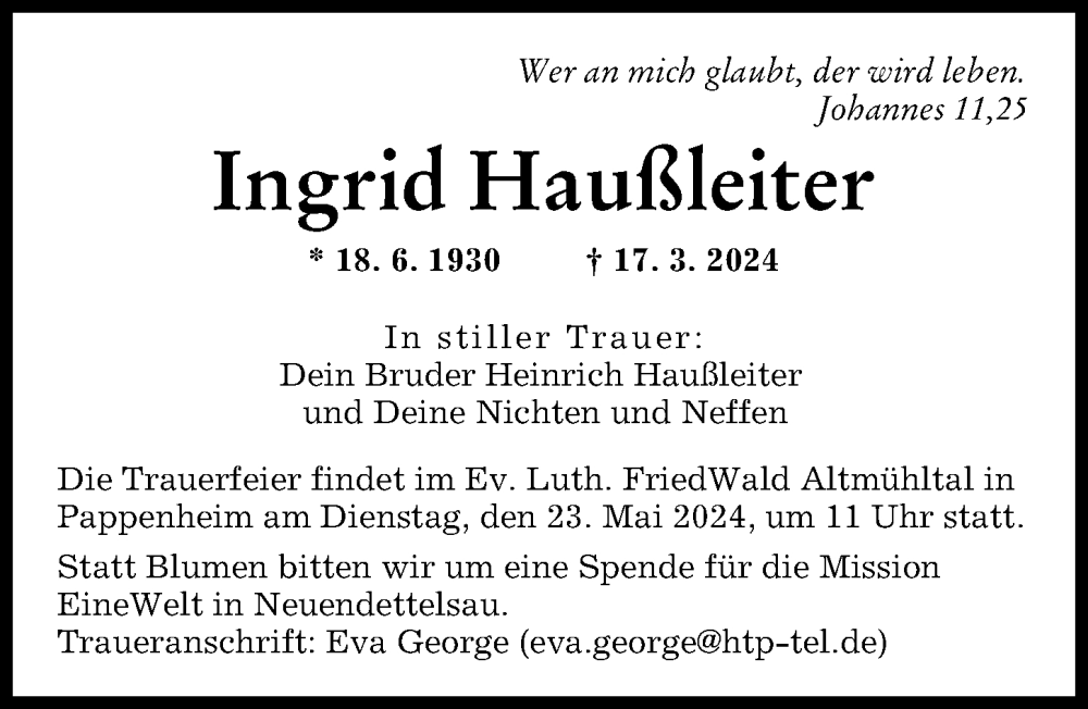 Traueranzeige von Ingrid Haußleiter von Augsburger Allgemeine