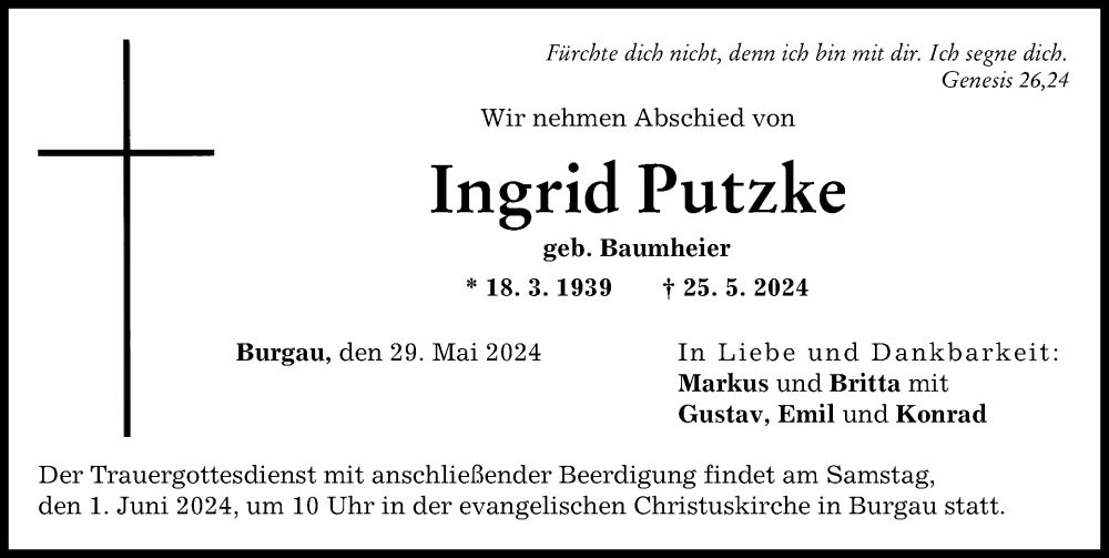 Traueranzeige von Ingrid Putzke von Günzburger Zeitung
