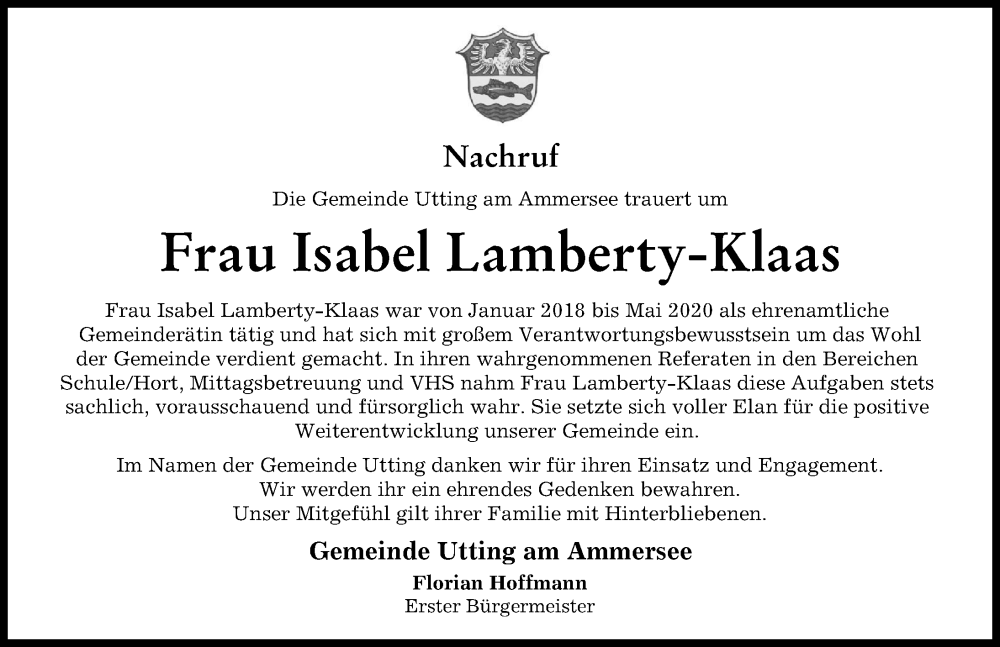 Traueranzeige von Isabel Lamberty-Klaas von Landsberger Tagblatt