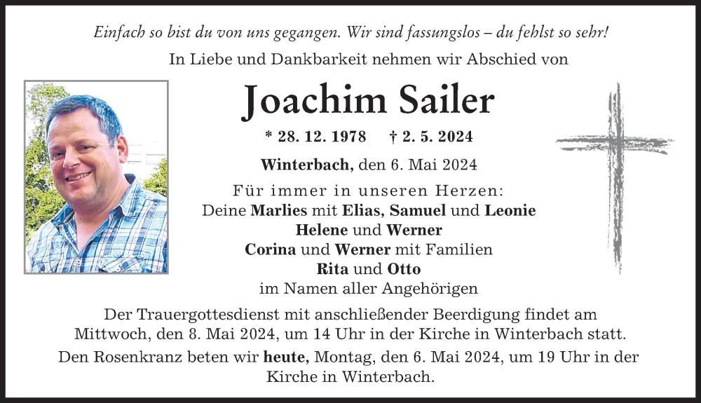  Traueranzeige für Joachim Sailer vom 06.05.2024 aus Günzburger Zeitung