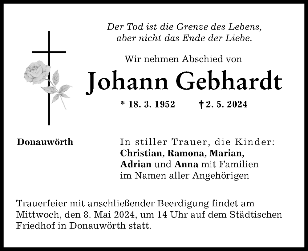 Traueranzeige von Johann Gebhardt von Donauwörther Zeitung
